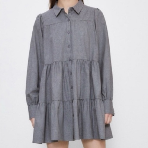 Zara Dresses & Skirts - ZARA Gray Button-Up Tiered Dress
